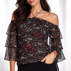 NWT 1State Off-Shoulder Floral Ruffle Sleeve Top in Black